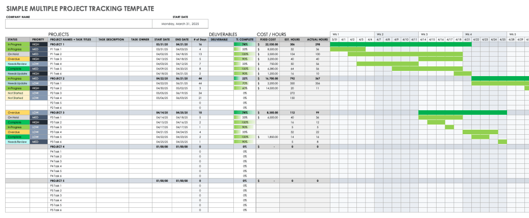Multiple Project Management Templates example